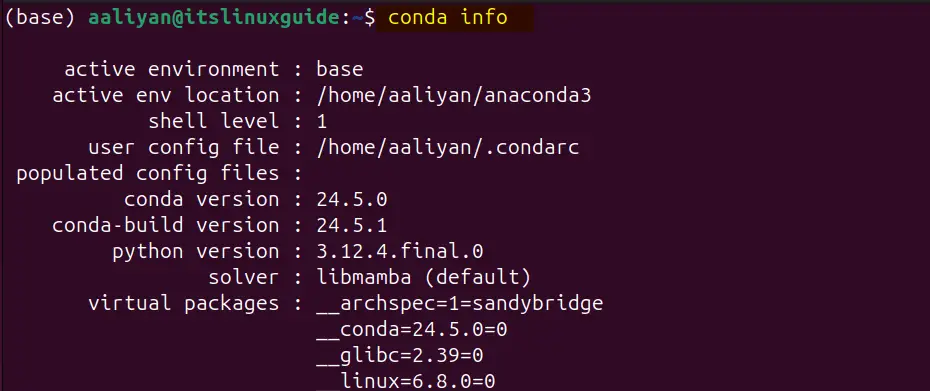 Проверка сведений об anaconda, установленной в Ubuntu