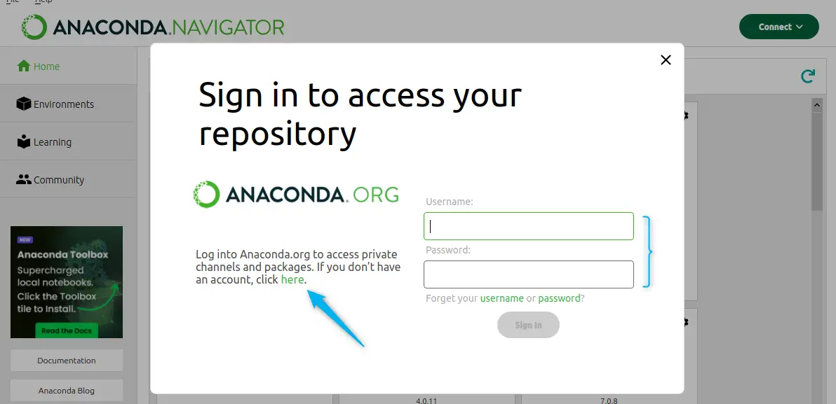 Вход в репозиторий Anaconda.org для его подключения к навигатору Anaconda