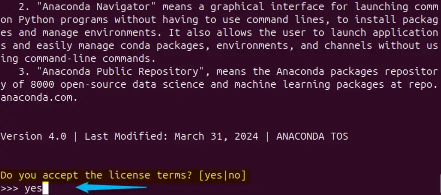 Принятие условий установки Anaconda на Ubuntu